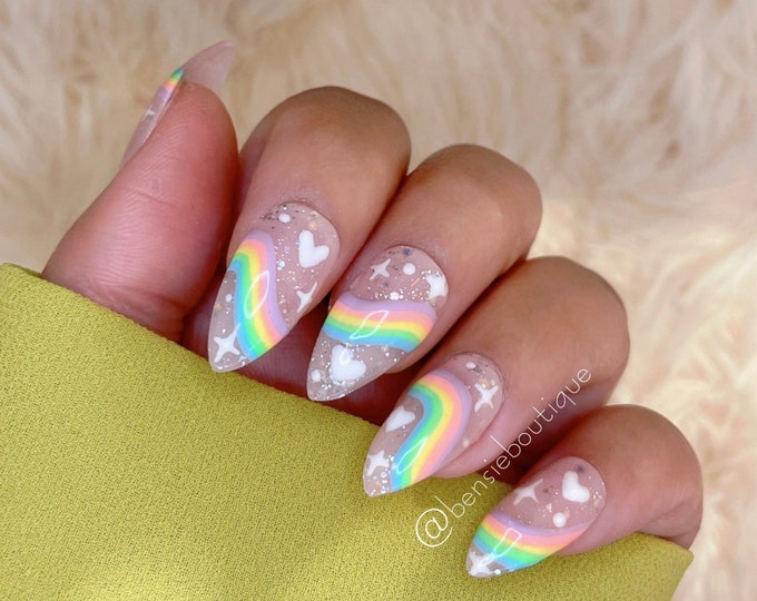 Pastel Rainbows with Glitter Base | Handmade Press on Nails