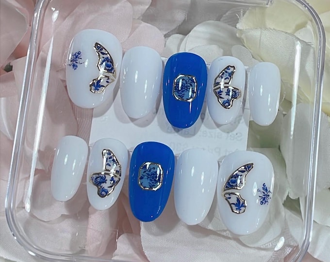 Porcelain Press on Nails | Blue and White Nails | Classic Nails | Round - Short Nails | Ready to Ship (RTS)