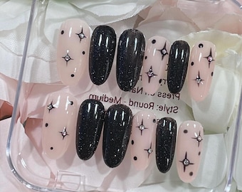 Starry Night | Sparkly Black and Starburst Press on Nails | Round Nails | Ready to Ship (RTS)