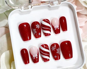 Candy Cane Press on Nails | Red Glitter Nails | French Tip Nails | Ready to Ship (RTS)