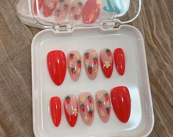 Strawberry French Nails | Red Fruit Press on Nails | Almond Nails | Ready to Ship (RTS)