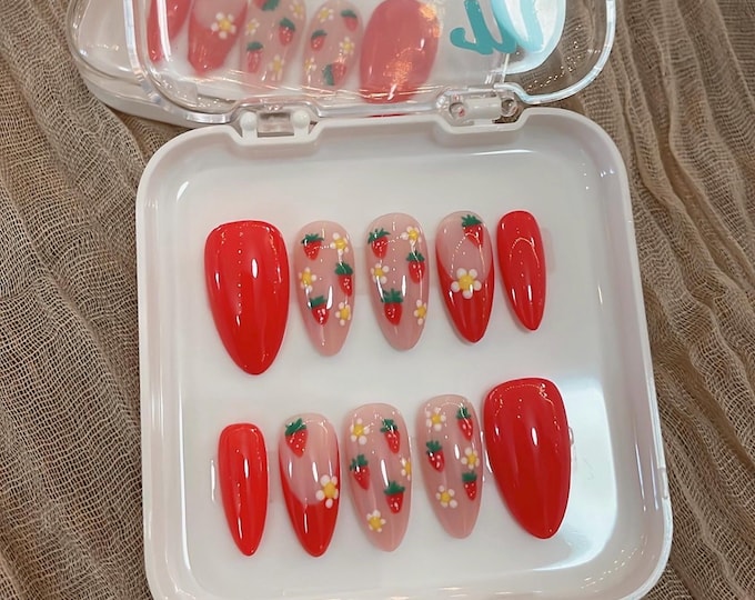 Strawberry French Nails | Red Fruit Press on Nails | Almond Nails | Ready to Ship (RTS)
