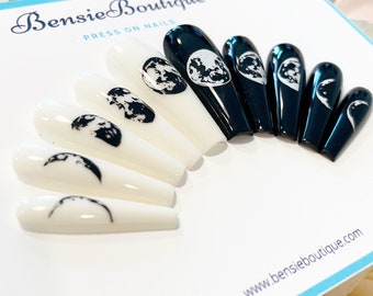 Moon Phases Press On Nails: Black & White Nail Stamping
