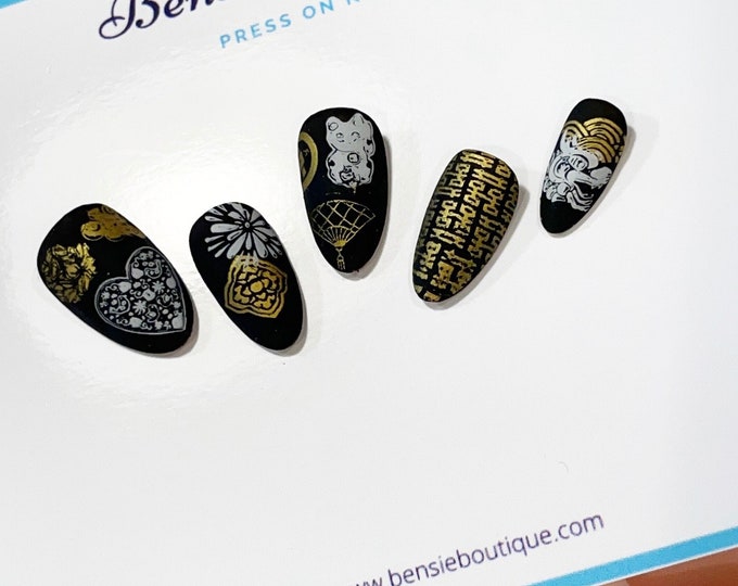 Lunar matte finish press on nails | Handmade Asian Festive Nails | Lucky Cat | Black, Gold White Nails | extra short to 3XL nails