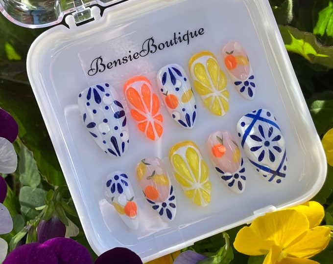 Juiciest Mix and Match Fruit and Tile French Tip Press on Nails | Vacation nails | Mash up Nails | Mismatch nails | press on nails