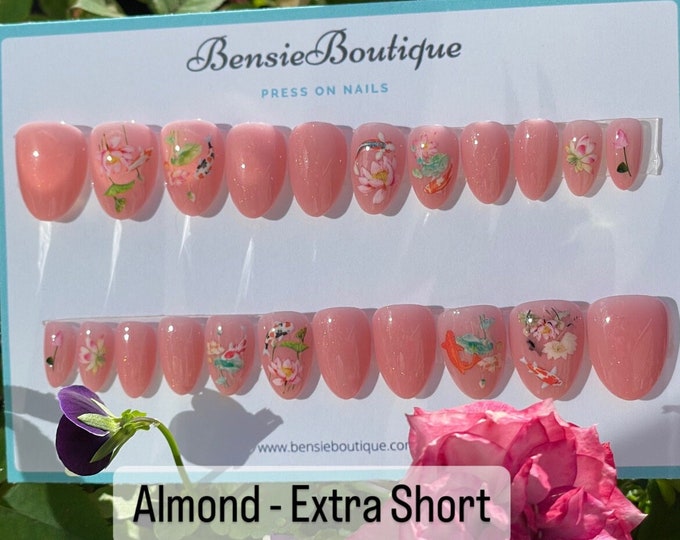 Ready to Ship - Full Set Koi Pond - Pink + Glitter Lotus Koi press on nails - Almond | Stiletto *refer to pictures for layout of sets*
