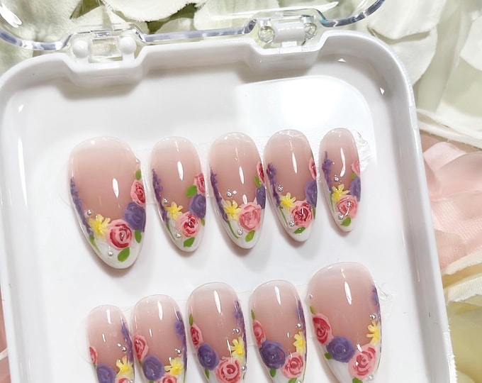 Floral Fantasy | Hand-painted Flowers in a French Tip Press on Nails | Romantic Nails | Elegant nails | Wedding Nails