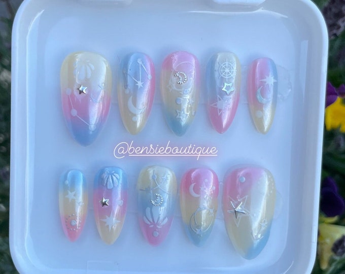 Cosmic Chrome Cotton Candy Ombré | Rainbow Unicorn Chrome Press on Nails | Glazed Donut Nails | Milky nails | press on nails Canada USA