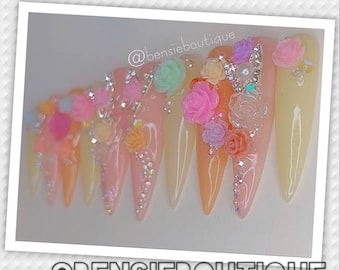 Sunset Garden | Pink Peachy Orange and Yellow | Sparkly Nails | 3D Flowers, Pearls and Bling Nail Art | Romantic nails | press on nails