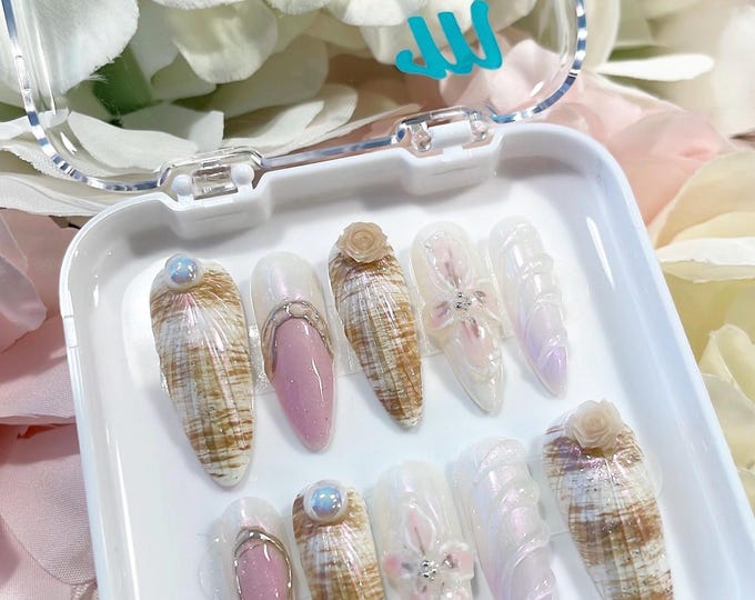 Oceana 3D Seashell and Flower Press on Nails | Mermaidcore | Summer Nails | Ombré Nails | Sparkly Cat eye  Chrome Nails | press on nails