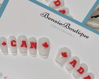 Canada Jersey Font Maple Leaf Press On Nails: Red and White Patriotic Nails