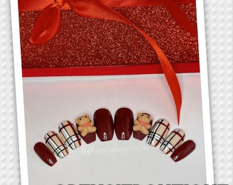 Teddy Bears, Burgundy and Plaid | press on nails | extra short to 3XL nails