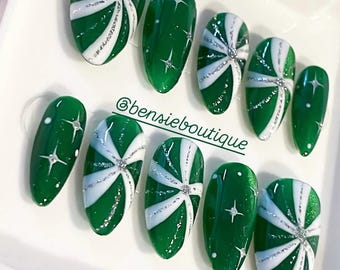 Green Peppermint Swirl Christmas Press on Nails | Cateye nails | Holiday Nails | Bling nails extra short to 3XL press on nails Canada USA