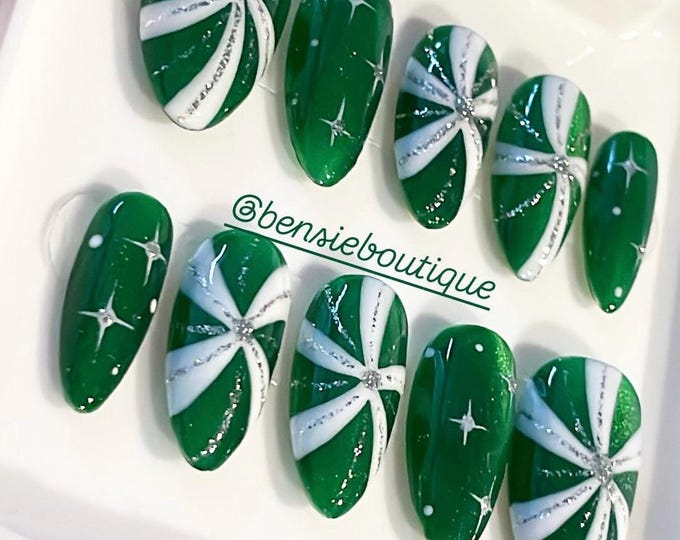 Green Peppermint Swirl Christmas Press on Nails | Cateye nails | Holiday Nails | Bling nails extra short to 3XL press on nails Canada USA