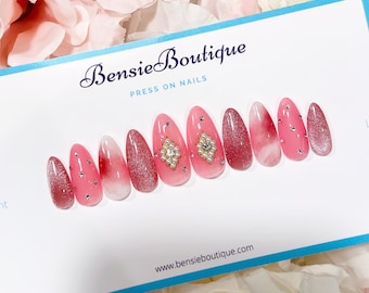 Pink jelly and cat eye press on nails | Ornate nails | 3D gems | cat eye nails | marble effect | Asian press on nails | short nails