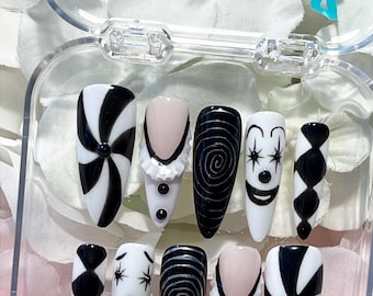 Circus After Dark | Hand-painted Monochrome Clown press on nails | Circus Nails | 3D Clown Core | Goth Nails | Edgy Dark nails