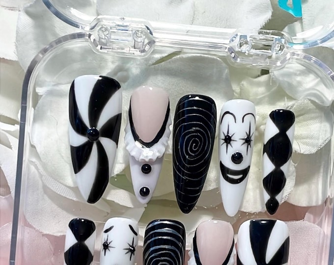 Circus After Dark | Hand-painted Monochrome Clown press on nails | Circus Nails | 3D Clown Core | Goth Nails | Edgy Dark nails