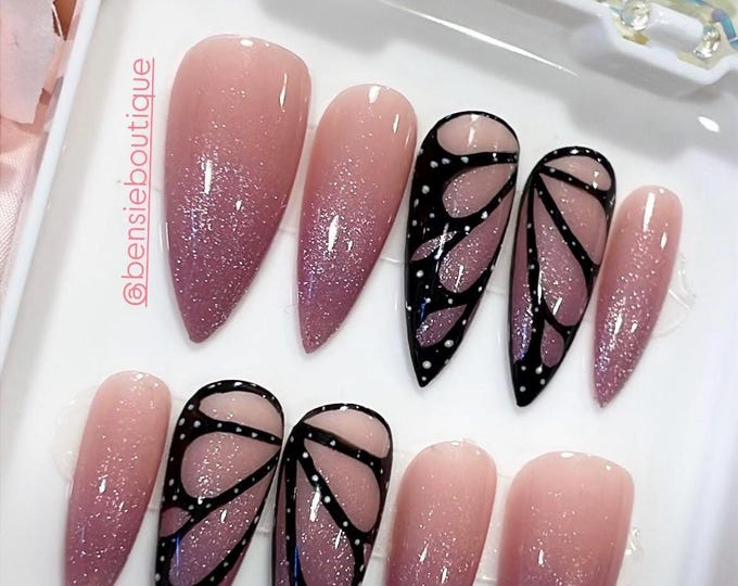 Wings | Hand painted butterfly and glitter press on nails | Cat eye Velvet nails |  Nail Art | Celestial Summer | Ombre Nails