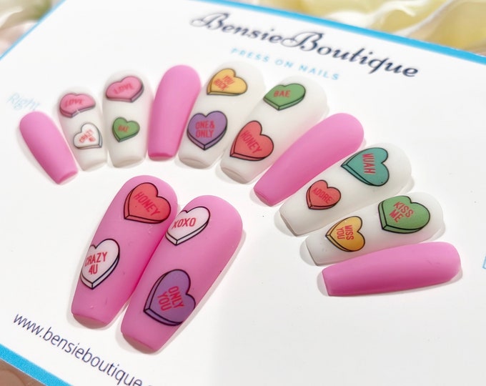 Ready to Ship - Medium Length Coffin Matte Pink and White Valentines press on nails | conversation