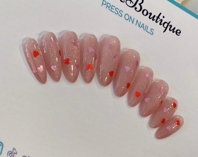 Pink and Red Confetti Hearts Press On Nails