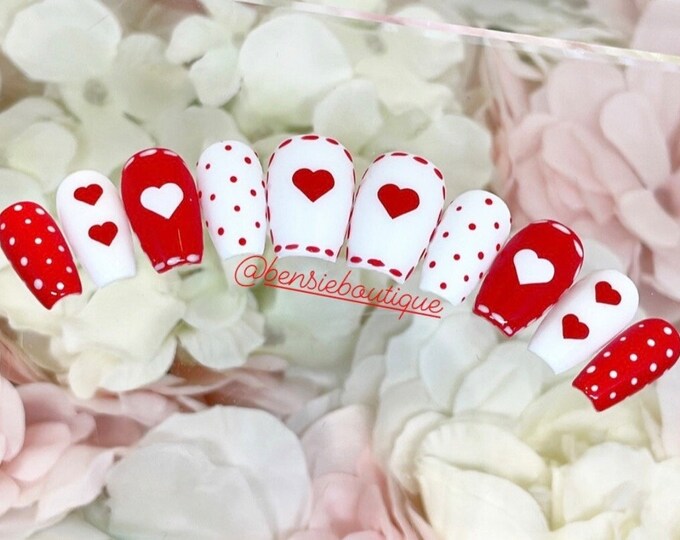 Heartfelt | Red and White Nails | Stitching Pattern | Polka Dots | Hearts | Holiday | Valentines | press on nails Canada USA