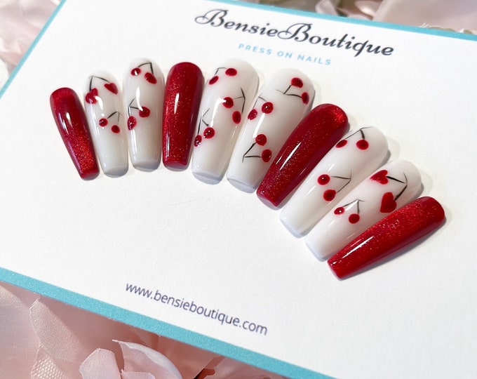 Cherry Cat Eye | Handmadepress on nails | Cherries and Red cat eye nails | cute spring nails | summer nails |  short and long press on nails