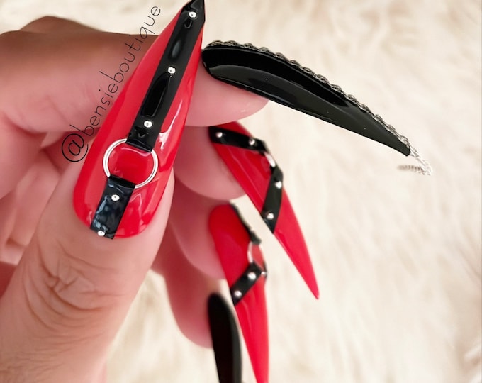 Fetish | Handmade Nails | Red and Black | Dominatrix | Bondage | Harness and Chain | Pierced Nails | Nail Art | press on nail Canada USA