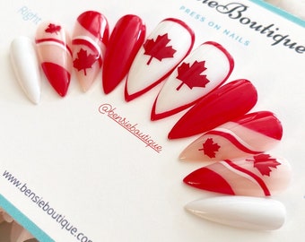 Canada Maple Leaf Press on Nails | Red and White Nails | Canada Day Nails | Patriotic Nails | extra short to 3XL press on nails Canada