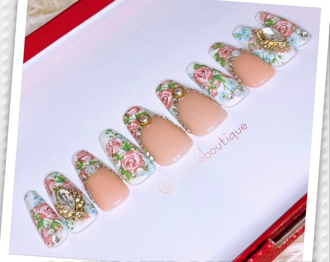 French Flowers | Floral and Bling Nail Art | press on nails