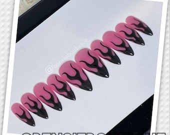 Hand-Painted Black Flame Press On Nails: Jelly Pink Grunge Edgy Style