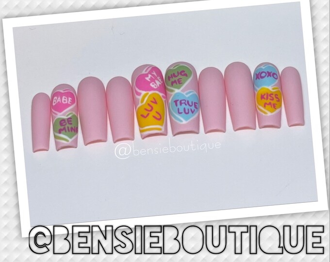 Candy Hearts | Pink Valentines Day | hand painted messages | press on nails
