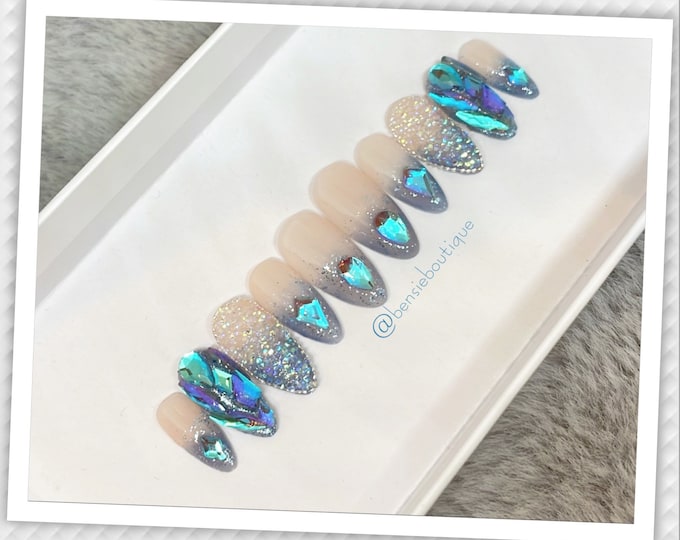 Frozen | Ice Stone Bling | Blue Bling | Aurora Glass Crystal French Tips | French Nails | Pixie Crystal Nails | Winter press on nails