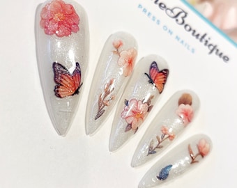 Milky White Pearl press on nails with Orange flowers and butterflies | cute spring nails | summer nails |  short and long press on nails