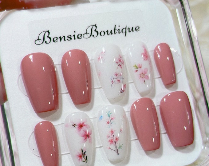Ready to Ship -  Cherry Blossom - Pink + Nude Short Coffin Sakura Festive press on nails *please refer to picture for set size layout*