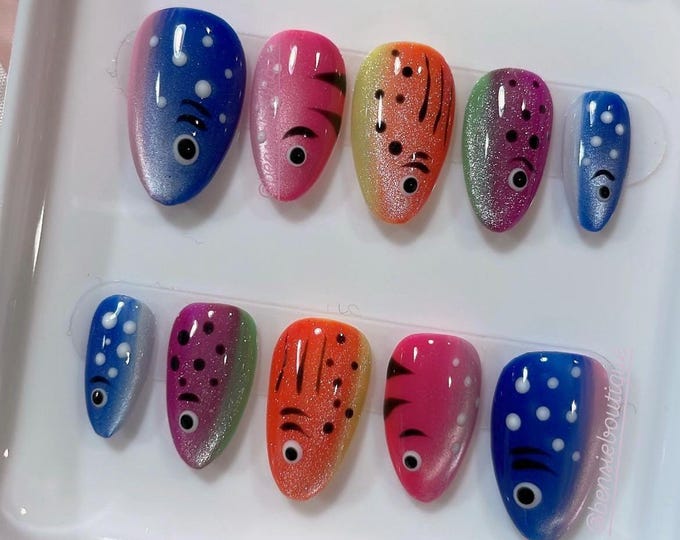 Hand Painted Tackle Bait Fish Press on Nails | Bright Nails | Colourful Nails | Cat Eye Nails