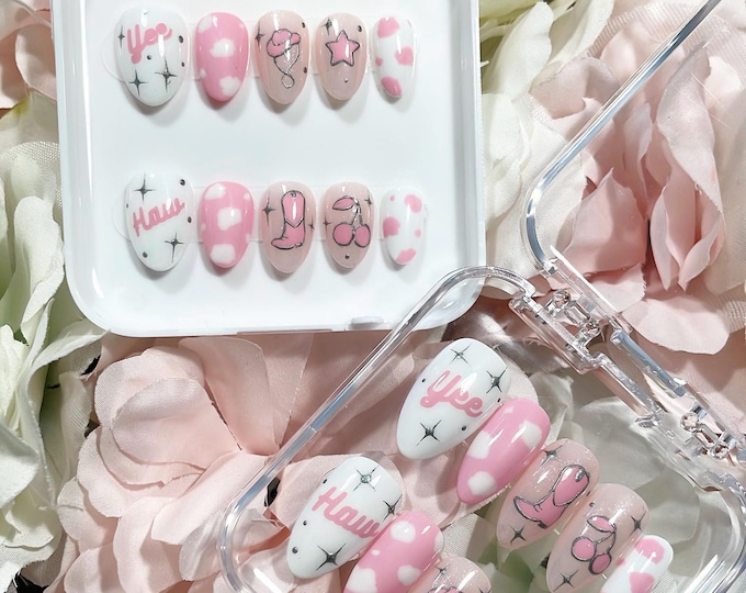Yee Haw HandmadePink Cowgirl press on nails | Rodeo nails | Cowboy Boots | Festival nails | Cow print nails | Country nails | stampede nails