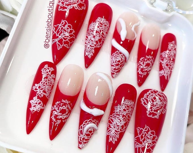 Red Garden Nails w/ White Floral Outline and White 3D snakes | French Tip Nails | Asian press on nails | extra short to 3XL nails