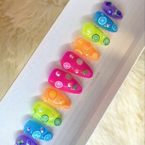 Tutti Frutti Jelly 3D Press On Nails: Neon Glitter Fruit Nails