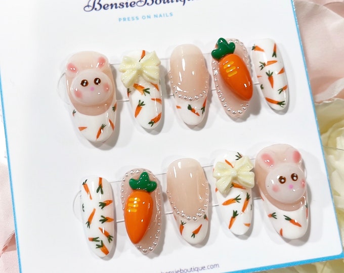 Bunny Coquette Press on Nails | French Tip nails | Carrot Nails | Bow tie nails | Pearl nails | extra short to 3XL press on nails Canada USA