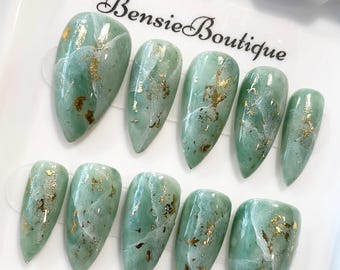 Jade Gemstone Press On Nails: Green Marble with Gold Foil
