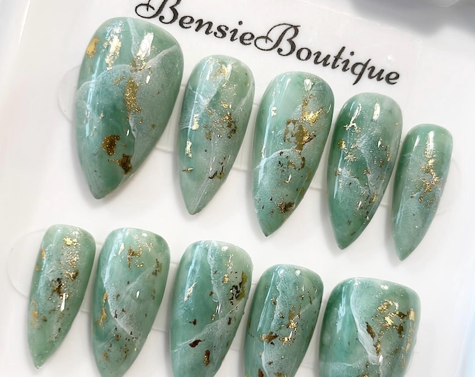 Jade Gemstone Press on Nails with gold foil | green nails | marble nails | Press on Nails Canada USA | Asian nails | lucky nails