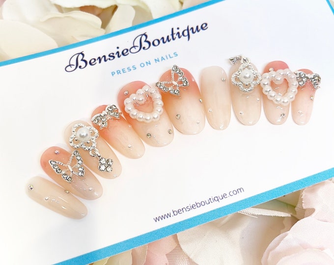 Butterflies + Pearls | Handmade press on nails | Dangly Nail Gems | Blush Ombré and Airbrush Hearts | Coquette | Dainty | Kawaii Nail Art
