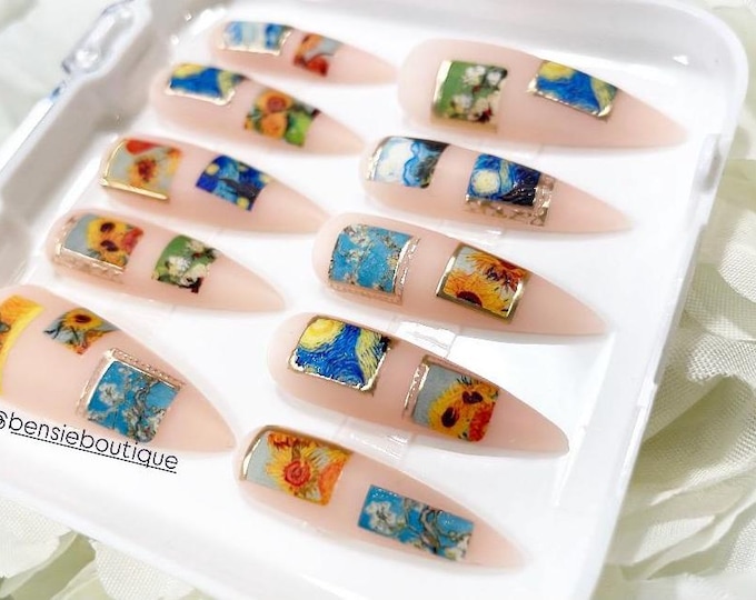 Ode to VG | Sheer Nude Matte press on nails with art decals | Art nails | Art History | Starry Night | Sunflowers | short and long nails