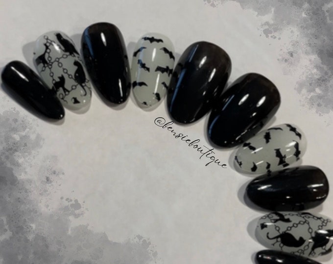 Bats and Cats Black and jelly white press on nails | Glow in the dark nails | Animal nails | Dark Nails | Extra Short to 3XL nails