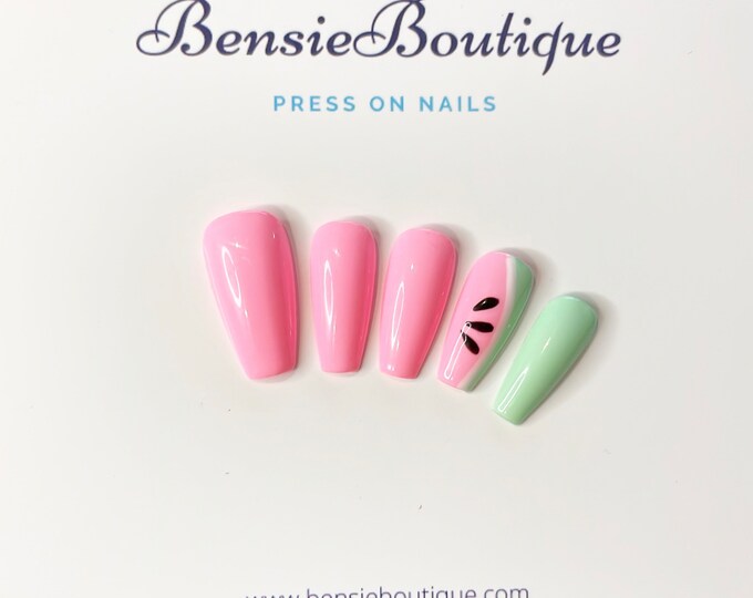 Refreshing | pink and green nails | watermelon nail art | fruit nails | BBQ | summer press on nails