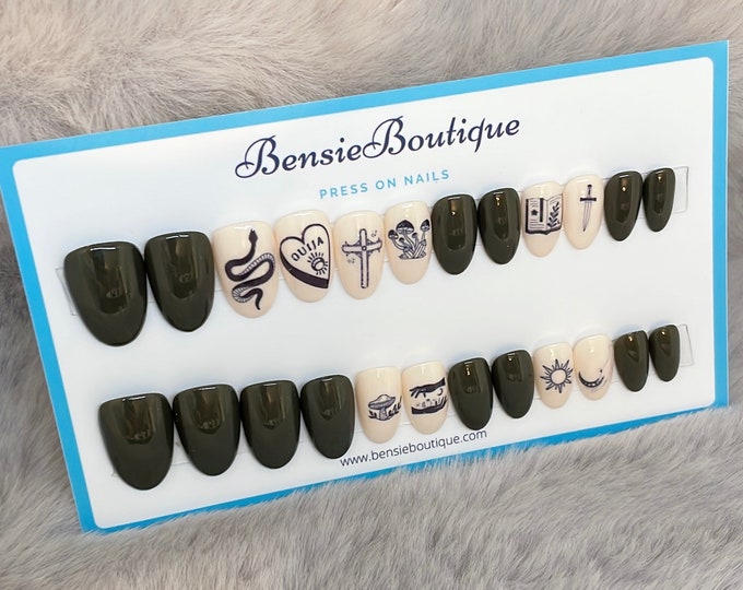 Mystical Maven | Dark Grey and Cream |RTS | 24 Piece Set | Witch Decals | Mystical Decals | Potion Decals | Short Nails | Press on Nails