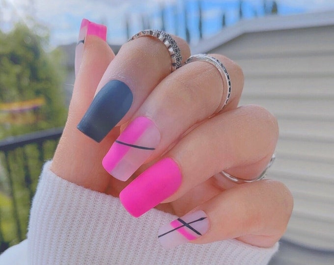 Contrast Black and Pink Press on Nails | Edgy nails | Abstract nails | Geometric | Matte nails | extra short to 3XL press on nails