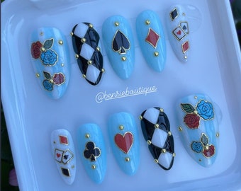 Play Time | Handmade Nails Checkerboard | Pastel, Flowers and Deck of Cards | Gold studs + outlines | Vegas nails | extra short to 3XL nails
