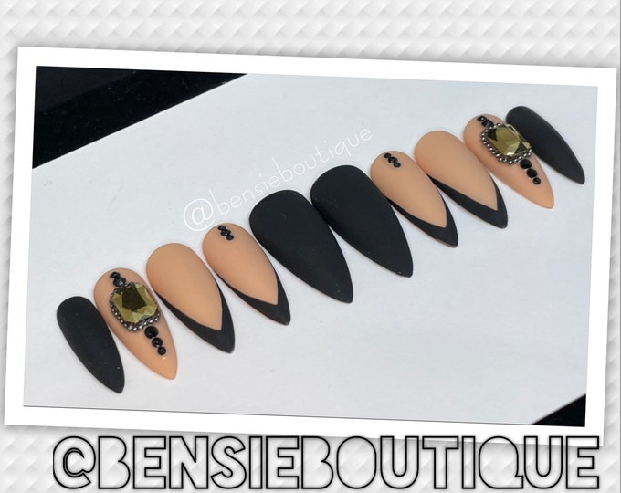 Matte Black and Nude | French Tips | Rhinestones | Press on Nails