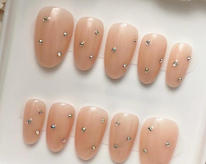 Twinkle | Handmade nude press on nails with mini Rhinestones | wedding nails | bridal nails | elegant nails | classic nails